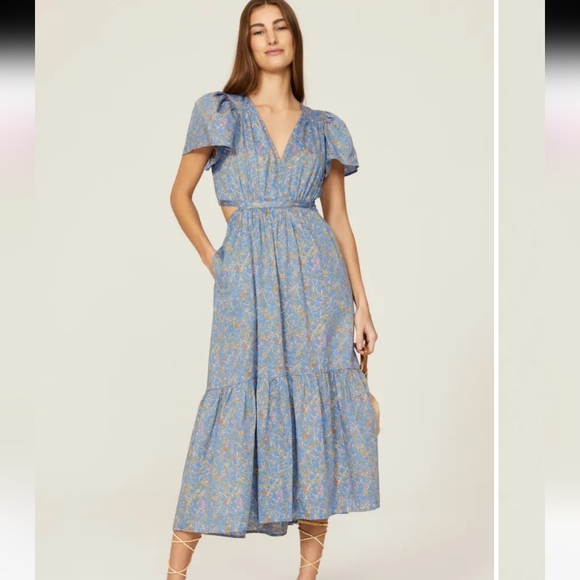 Xirena Gabriel Floral Blue Midi Dress With Cutout Back And Charming Floral Print - Picture 1 of 7